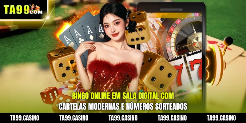 Bingo Online em sala digital com cartelas modernas e números sorteados
