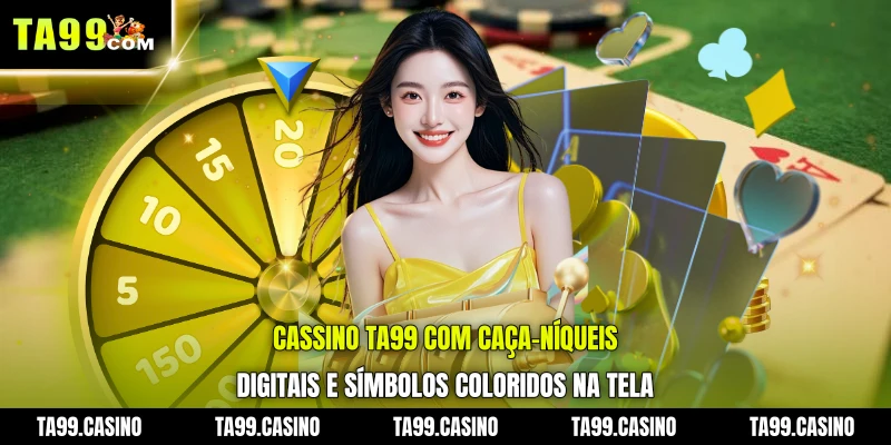 Cassino TA99 com caça-níqueis digitais e símbolos coloridos na tela