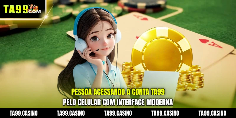 Pessoa acessando a Conta TA99 pelo celular com interface moderna Pessoa acessando a Conta TA99 pelo celular com interface moderna