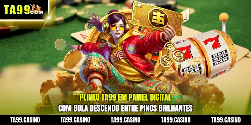Plinko TA99 em painel digital com bola descendo entre pinos brilhantes Plinko TA99 em painel digital com bola descendo entre pinos brilhantes
