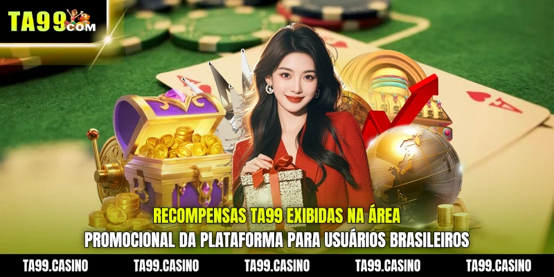 Recompensas TA99 exibidas na área promocional da plataforma para usuários brasileiros Recompensas TA99 exibidas na área promocional da plataforma para usuários brasileiros