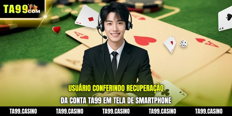 Usuário conferindo recuperação da Conta TA99 em tela de smartphone Usuário conferindo recuperação da Conta TA99 em tela de smartphone